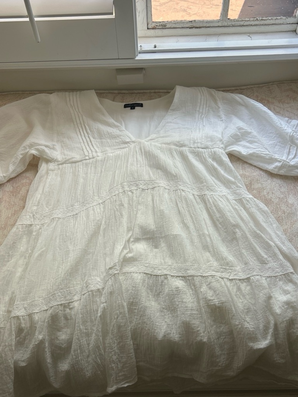 Women's White V-Neck Tiered Cotton Dress